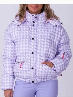OOSC Clothing Small S purple white houndstooth chic  puffer jacket pink details
